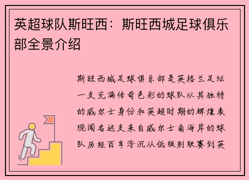 英超球队斯旺西：斯旺西城足球俱乐部全景介绍